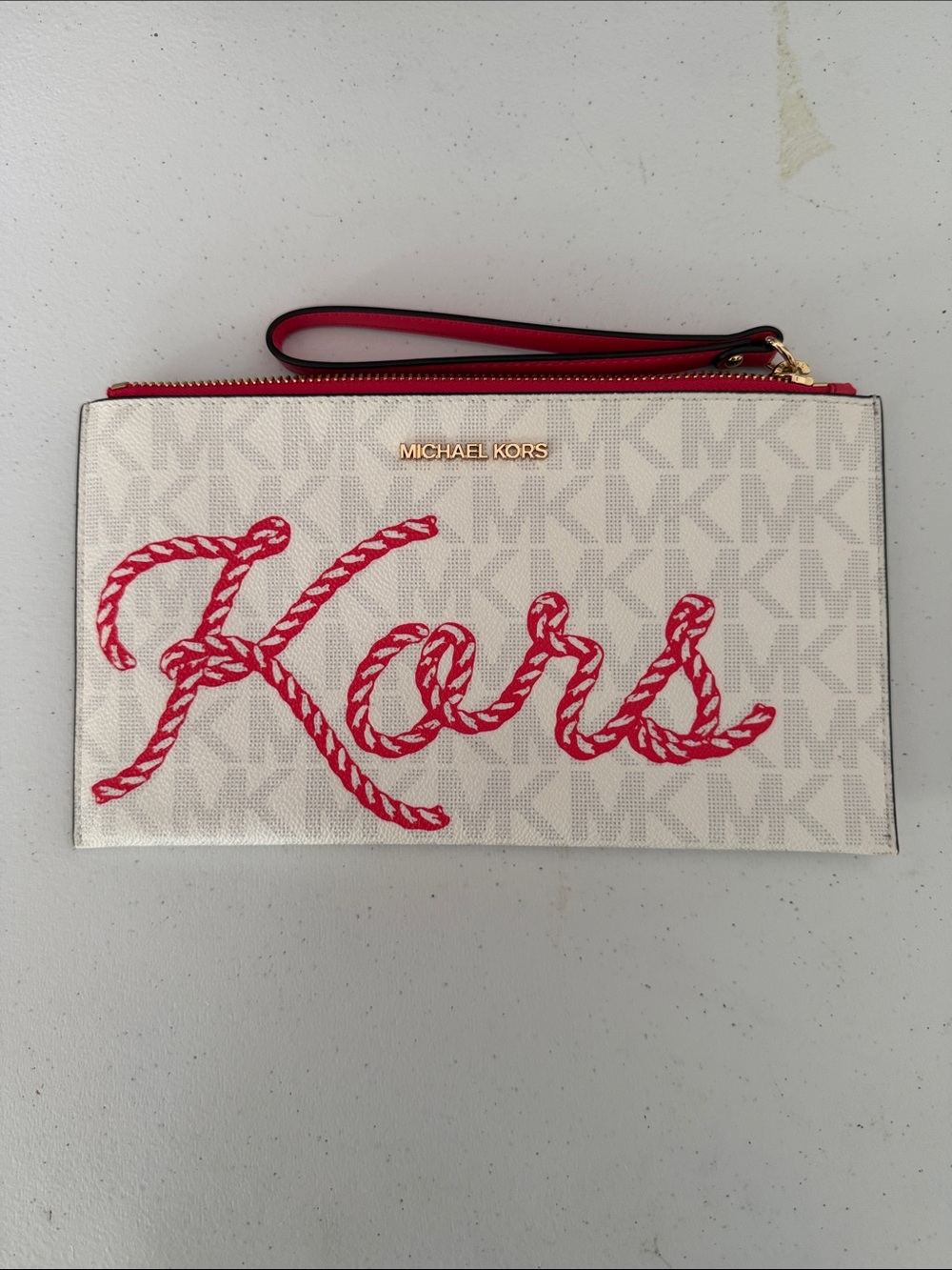 Michael Kors White Canvas Wristlet with Red Script Logo